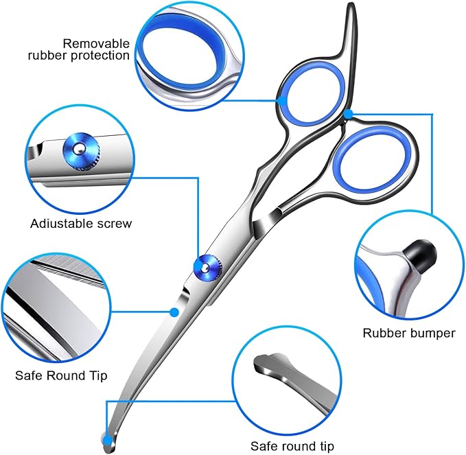 Dog Grooming Kit 9pcs Professional Scissors Set with Comb for Dogs Cats Dog Brush for Shedding Nail Clipper with Nail File Brushes for Grooming Safety Round Tip Shears Kit Blue Small Large Pet