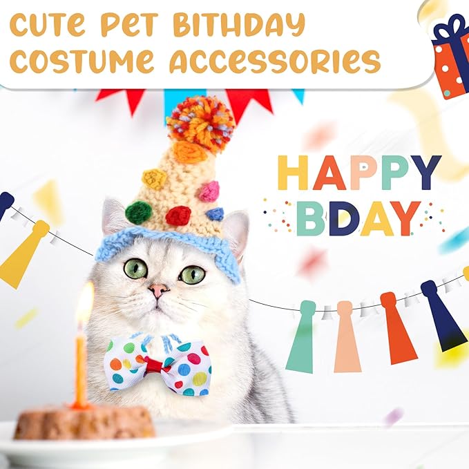 Ganeen 4 Pack Cat Birthday Hat Crochet Happy Birthday Cat Party Outfit Small Animal Top Hats Headband Rabbit Bow Tie Pet Hat Headband Bowtie Collar Costume for Rabbits Kittens Pet Party