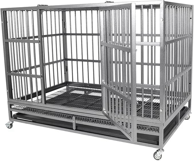 Indestructible Dog Crate Cage Kennel, 47 inches, High Anxiety Dog Crate with Removable Trays, Wheels and Double Door, for Medium and Large Dogs