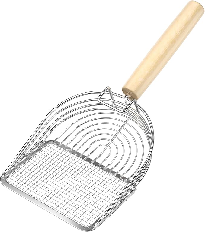 Ownpets Iron Metal Cat Litter Scoop, Heavy Duty Kitty Litter Scooper & Speed Sifter to Catch Small & Large Clumps, with Eucalyptus Wood Handle, Non-Stick Deep Shovel for Effective cleanup
