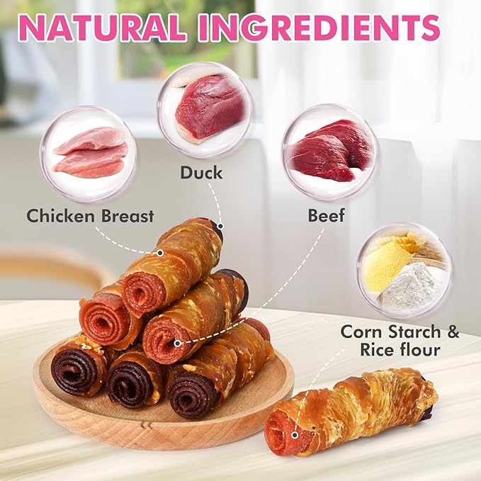 Dog Treats, Triple Flavor Chicken Duck Beef Meat Rolls, Rawhide Free Dog Snacks, Soft Treats for Small Dogs, 13.23 oz