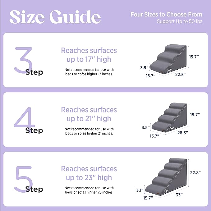 Lesure Dog Stairs for Small Dogs Pet Steps Ramp for High Bed and Couch with CertiPUR-US Certified Foam with Non-Slip Bottom, Grey, 4 Steps