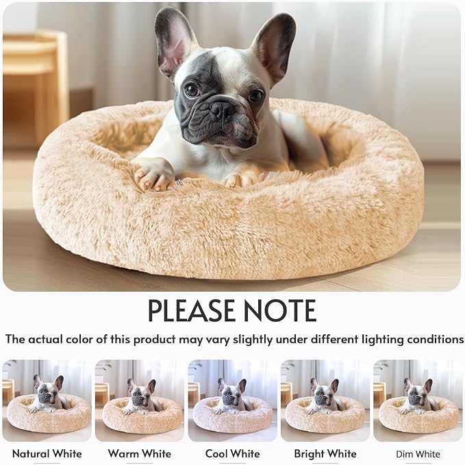 JOLLYVOGUE Calming Dog & Cat Bed for Small Dogs, Anti-Anxiety Donut Cuddler Cozy Soft Round Bed with Anti-Slip Bottom, Fluffy Faux Fur Plush Cushion Beds for Small Medium Dogs (27")