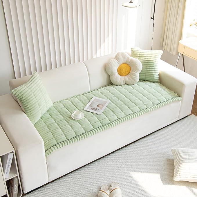 Faux Fur Plush Dog Couch Cover 3D Stripe Fuzzy Sofa Cover Non-Slip Fluffy Dog Bed Cover Pet Blanket Sofa Couch Furniture Protector for Puppy Large Dog Cat (Green,31"x70")