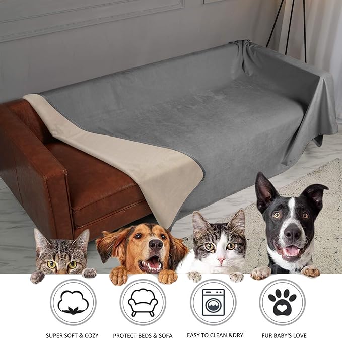 Ameritex Pet Bed Blanket Reversible 100% Waterproof Velvet Super Soft for Sofa and Bed (40x60 Inches, Light Grey+Beige)