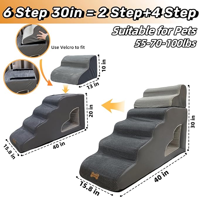 dog stairs for small dogs to 30 inches high beds, 6 step dog ramp stair for 18-36 inches couch-bed,pet stairs for small old meduim large dogs cats,Non-Slip balanced 6 tiers ladder,75 pounds Studry 33D