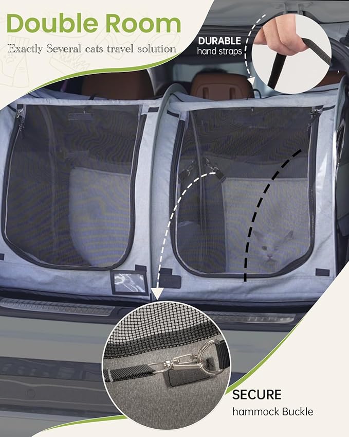 Portable Twin Compartment Show House Cat Cage Condo,Comfy Puppy Home Dog Travel Crate with Carry Bag,2 Hammocks and Mats & Collapsible Litter Box and Water Bottle