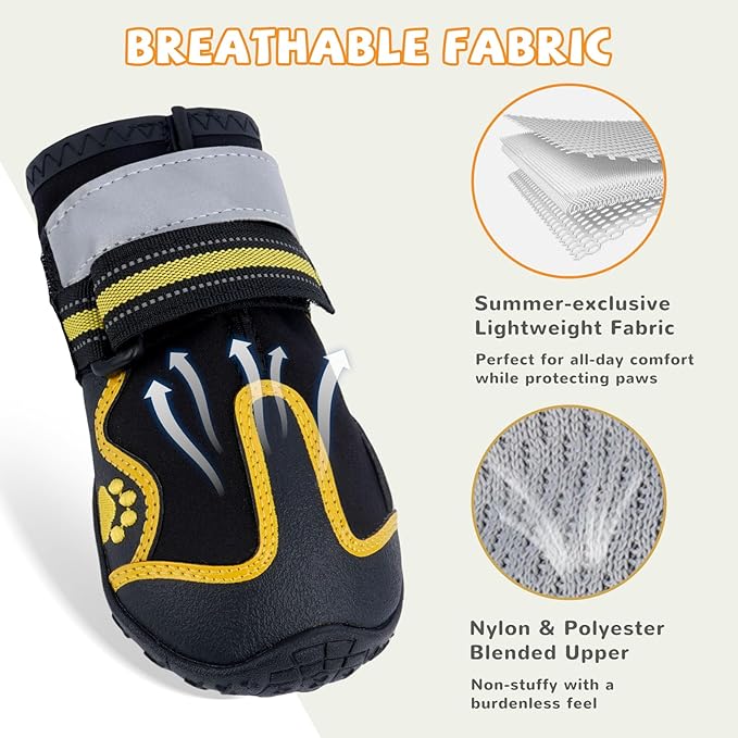 Dog Shoes for Hot Pavement,Dog Boots & Paw Protectors for Large Medium Size Dogs to Prevent Licking,Dog Booties with Reflective for Outdoor,Hiking,Hardwood Floors,Winter Snow(Black Yellow, Size1)