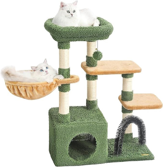 HOOPET 32IN Cactus Cat Tree for Indoor Cats - Multi-Level Cat Tower with Hammock, Condo, Scratching Posts, Self-Grooming Brush & Play Ball - Space-Saving Cat Furniture for Small Apartments