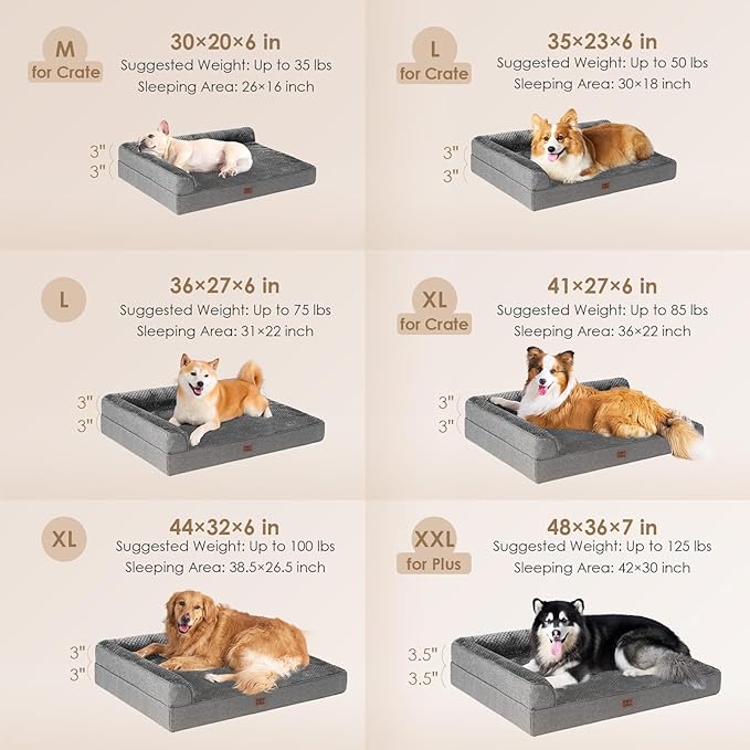 EHEYCIGA Memory Foam Dog Bed Large Sized Dogs, Waterproof Dog Bed Orthopedic with Washable Removable Cover, Non-Slip Pet Bed Couch, 36x27x6 Inches, Dark Grey