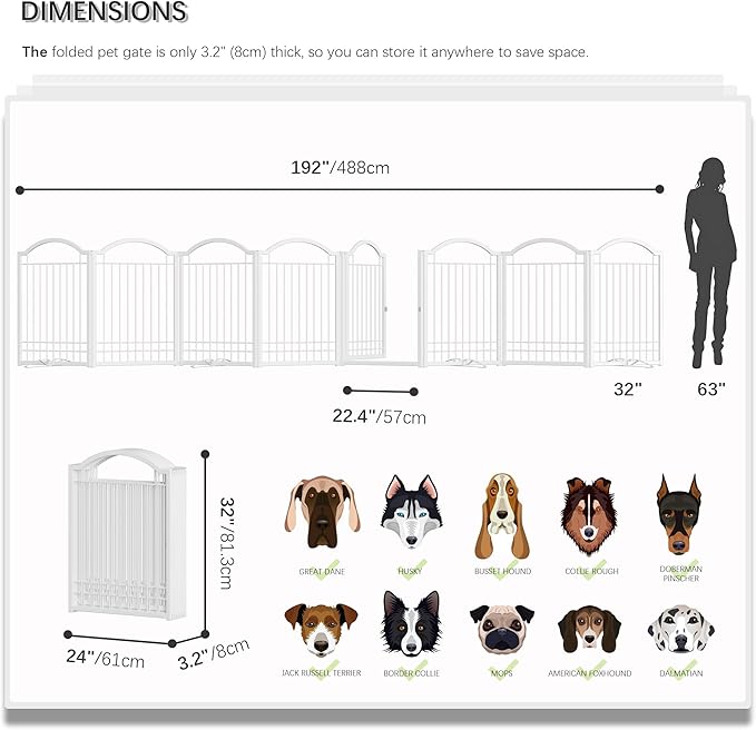 4NM Metal No Drilling Expandable Dog Gate, Extra Wide 192", Extra Tall 32" Free Standing Pet Gate with Door, Gates for Dogs Outdoor or Indoor, with 4PCS Support - White