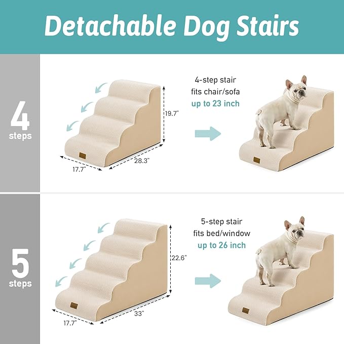 Wide Dog Stairs for Small Dog 19.7" H, Pet Step for Puppy, Older Cat, Curved Ramp for High Bed or Car, Stairs with High Density Foam, Lightweight, Durable, 4 Step, 17.7x28x19.7 inch, Beige