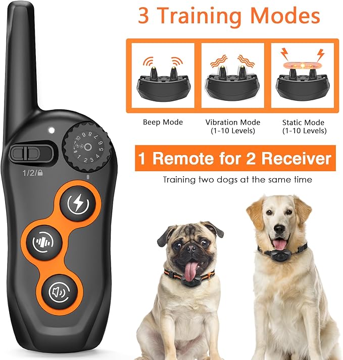 Dog Training Collar, IPX7 Waterproof Dog Shock Collar with Remote Range 1300ft, 3 Training Modes, Beep, Static, Vibration, Rechargeable Electric Training Collar for Small Medium Large Dogs