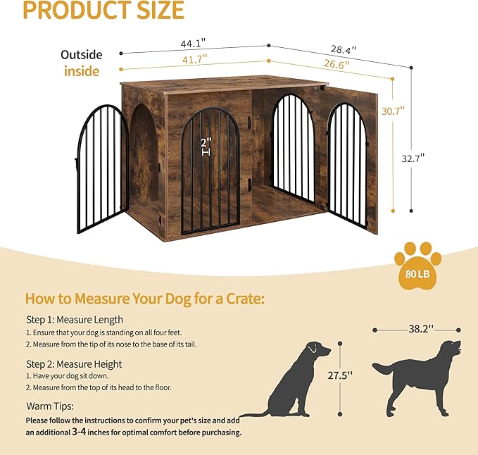 44.1" Wooden Dog Crate Furniture, Indoor Dog Kennel Dogs Cage for Small/Medium/Large Dogs, Heavy Duty Dog Crates Decorative Pet House End Side Table TV Stand, Rustic Brown DFC83901B