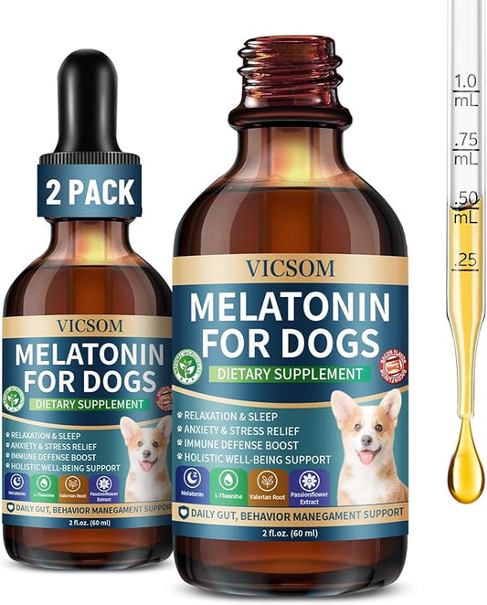 Liquid Melatonin for Dogs, 2 Pack Dog Melatonin for Small Medium Large Dog Sleep Aid, Stress & Anxiety Relief, Calm Aid for Dogs Puppies, Support Relaxation & Deep Sleep, 60ml x2