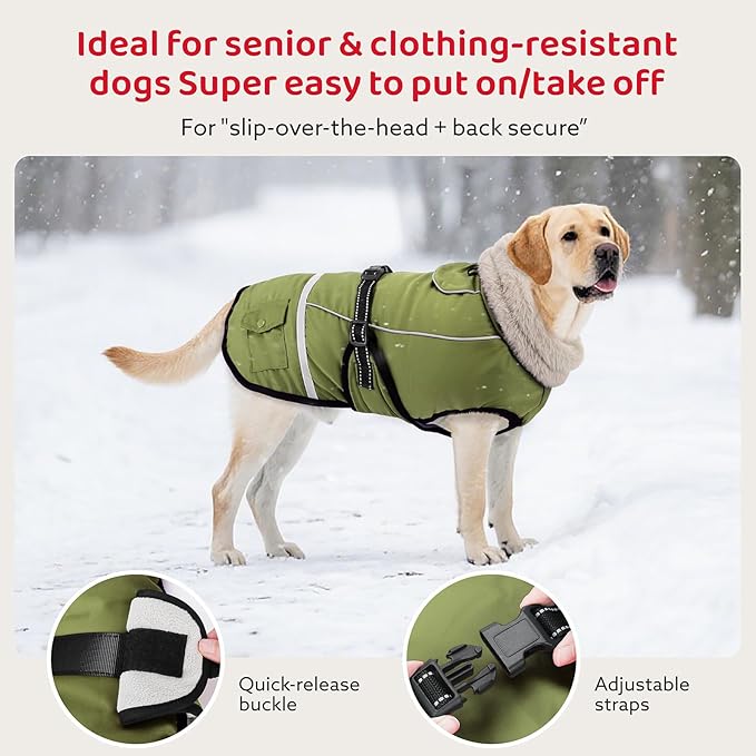 Dog Coat, Warm Dog Winter Coat Reflective Jacket Waterproof Fleece Vest, Pet Jacket Cozy for Cold Weather, Dogs Snowsuit Windproof, Adjustable Buckle for Large Dogs