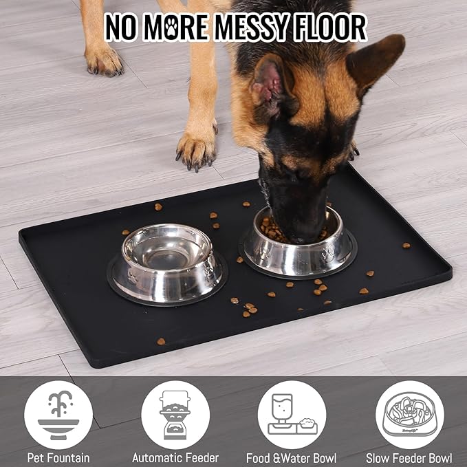 MateeyLife Dog & Cat Food Mat for Floors Waterproof, Nonslip Dog Bowl Mats for Food and Water, Dog Feeding Mats with Raised Edges, Silicone Cat & Dog Water Matt Tray for Messy Drinkers, 18"x12", Black