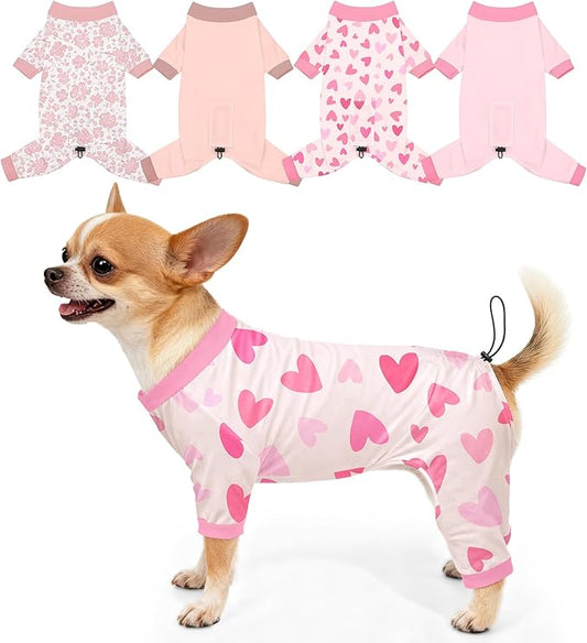 Bienbee Dog Pajamas, 4 Pack Cute Soft Dog Puppy Clothes Dogs Pjs Onesies Jammies Outfit Adjustable Breathable & Stretchy Clothes for Small Medium Large Dogs Girl Boy Puppy-XS