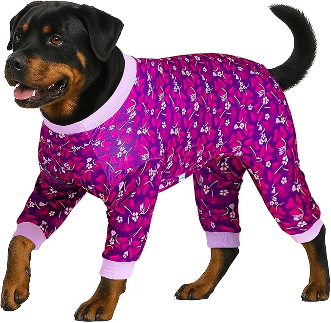 LovinPet Big Dogs Pajamas Jumpsuit, Pet Anxiety Relief Shirt, Sun Protection Dog Shirt, Comfy Stretchy Fabric, Indigo Garden Print, Big Dog Surgery Recovery PJ's, Pajamas for Pitbulls, Large