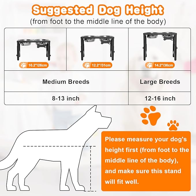 Elevated Dog Bowls, 3 Height Adjustable Metal Raised Bowl Stand with 2 Thick Stainless Steel Food Bowls & Spill-Proof Mat, Adjusts to 14.2'', 12.2'', 10.2'' for Large/Medium Breeds