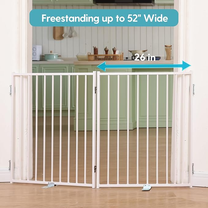 No Pawblems Free Standing Dog Gate with Door, 30'' Tall Foldable Dog Fence for Indoor & Outdoor, Up to 52 Inch Extra Wide Puppy Gate for Stairs, Hallways, Doorways, Deck, Yard (White, 2 Panels)