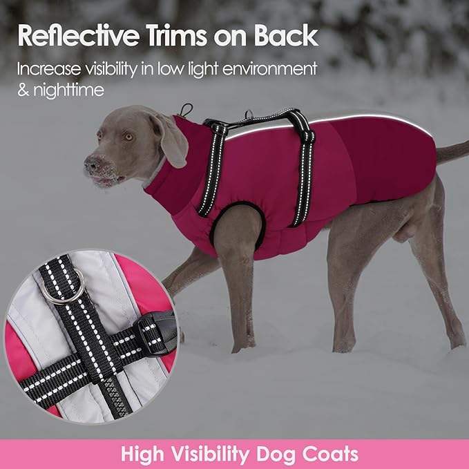 AOFITEE Dog Coat for Large Dogs, XXXL Dog Winter Jacket with Harness Built in, Turtleneck Cold Weather Coat for Extra Large Dogs, Reflective Pet Fleece Jacket with Zipper for Great Dane, HotPink 3XL