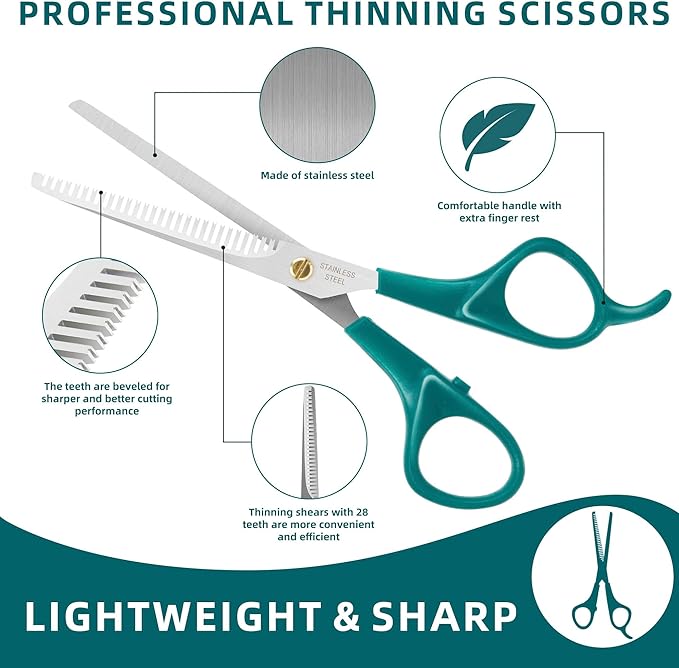 Professional 5 in 1 Pet Grooming Kit - Stainless Steel Dog & Cat Grooming Scissors with Rounded Tip Blades for Safe Fur Trimming, Thinning Shears, Straight Scissors, and Pet Comb (Green 5 in 1)