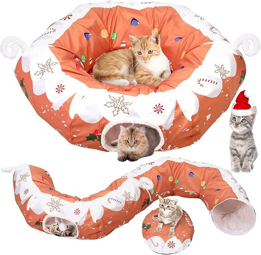 Aliceset Christmas Gingerbread Man Cat Tunnel Bed for Indoor Cats 3ft x 3ft x 10in Foldable Cat Donut Tunnel with Washable Cushion Gingerbread Man Pet Peekaboo Cave Toy for Small Kitten Kitty