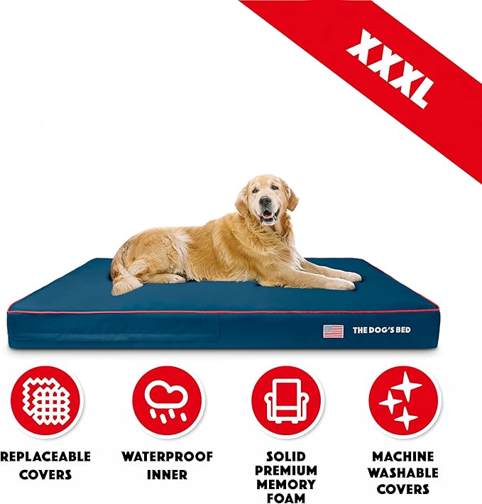 The Dog’s Bed Orthopedic Memory Foam Dog Bed, XXXL Blue Oxford with Red Trim USA Flag 64x44, Pain Relief for Arthritis, Hip & Elbow Dysplasia, Post Surgery, Supportive, Calming, Waterproof Washable