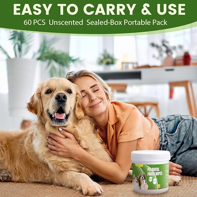Dog Dental Care Wipes - Pet Teeth Cleaning Wipes for Dogs & Cats - Reduces Plaque, Freshens Breath Dog Dental Care Solution Pet Finger Wipes(60 PCS, Unscented)