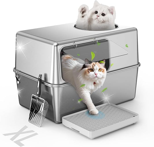 Stainless Steel Litter Box with Lid, Enclosed Metal with High Sides, Large Cat Litter Box, Dog-Proof, Odor Control, Easy to Clean,Durable with Round Edge (Offset Opening)