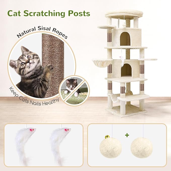 Globlazer Corner Cat Tree for Large Cats, 66inch Tall Curved Series Large Cat Tower for Multiple Indoor Cats with 6 Scratching Posts, 2 Spacious Cat Condos, Hammock, Hanging Basket, C66, Beige