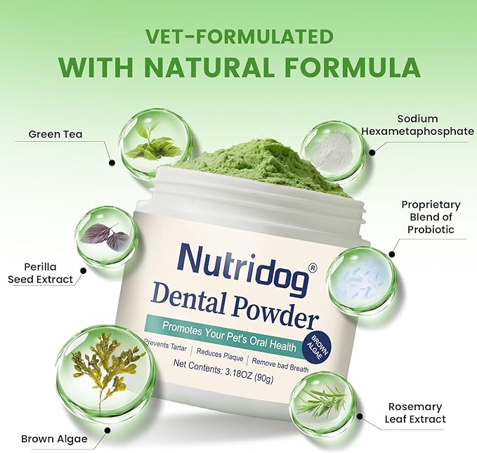 Dog Teeth Cleaning Powder,Dog Dental Powder,Breath Freshener with Probiotics & Brown Algae-Targets Tartar & Plaque Remover & Bad Breath,90g Pet Dental Care Supplement for Dogs & Cats
