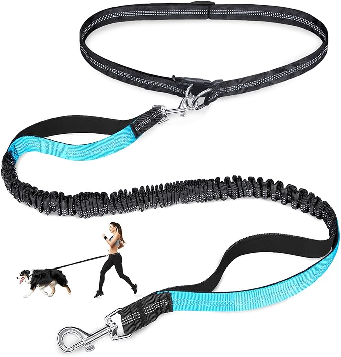 Hands Free Dog Leash, Adjustable Waist Leash for Dog, Handle Bungee 4.2-6.7 Feet Long with Reflective Stitches for Walking Hiking Running, Fits 26"- 43" Waist, Black & Blue