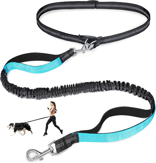 Hands Free Dog Leash, Adjustable Waist Leash for Dog, Handle Bungee 4.2-6.7 Feet Long with Reflective Stitches for Walking Hiking Running, Fits 26"- 43" Waist, Black & Blue