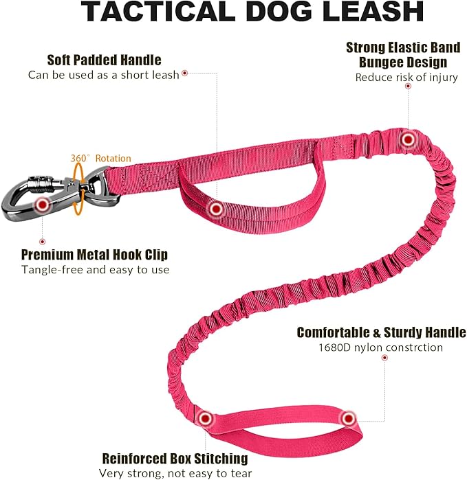 Tactical Dog Collar and Bungee Leash Set, Adjustable Military Training Nylon Dog Collar with Controll Handle and Heavy Metal Buckle，with USA American Flag, Patches and Airtags Case(Pink, L)