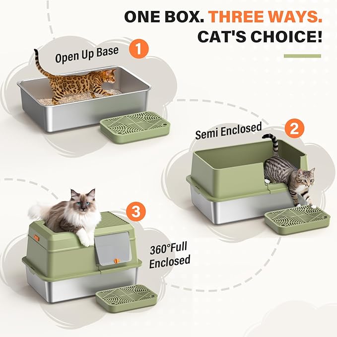 Stainless Steel Cat Litter Box with Scoop, Metal Litter Box High Sided, Cat Litter Box Enclosure, XL Extra Large High-Sided Litter Boxs (Anti-Urine Leakage, Include Scoop) (Green)