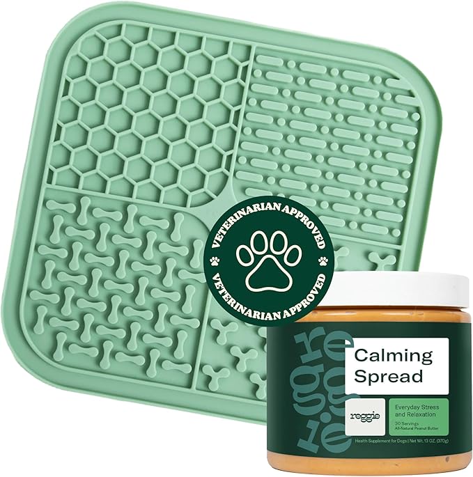 Reggie Calming Spread for Dogs with L-Theanine & Melatonin + Mint Green Lick Mat | Natural Peanut Butter Dog Anxiety Relief Bundle for Separation Anxiety, Thunderstorms, Travel & Stress | 30 Servings