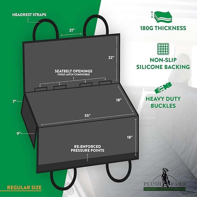 Plush Paws Products Premium Rear Car Seat Protector w/Hammock | Washable & Waterproof Back Seat Dog Cover for Car, Truck, & SUV | Nonslip, Tear Resistant Pet Seat Cover | Regular Black