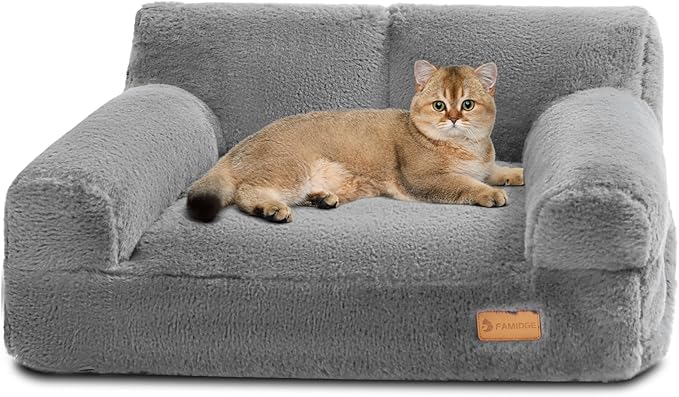 Cat Couch Bed - Cat Bed for Indoor Cats, Calming Pet Sofa Puppy Sleeping Bed with Removable Washable Cover, Cute Dog Couch and Kitty Lounge Chair for 12lbs Cats & Small Dogs(Light Grey)