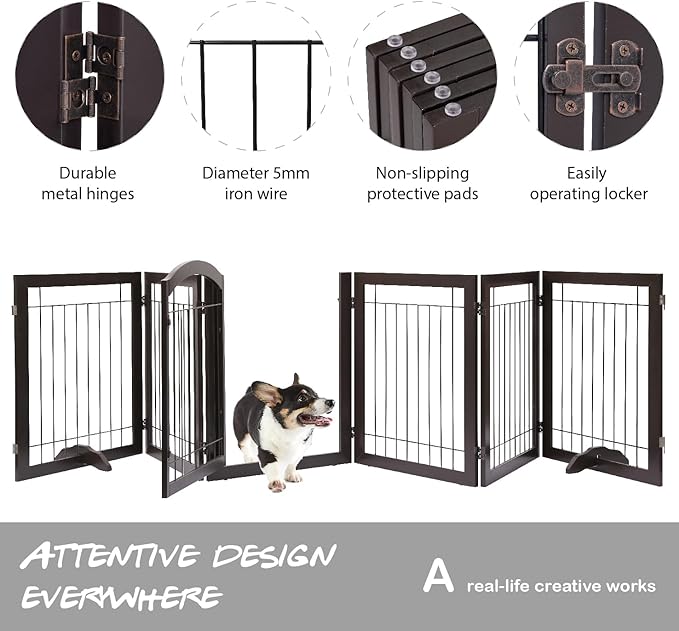 PAWLAND 144-inch Extra Wide 30-inches Tall Dog gate with Door Walk Through, Freestanding Wire Pet Gate for The House, Doorway, Stairs, Pet Puppy Safety Fence, Support Feet Included, Espresso,6 Panels