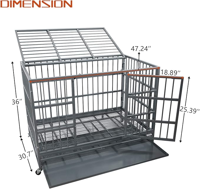 Otaid 48 Inch Heavy Duty Indestructible Cage Kennel with Wheels, High Anxiety Dog Crate, Sturdy Locks Design, Double Door and Removable Tray, Extra Large Dog Crate, Silver