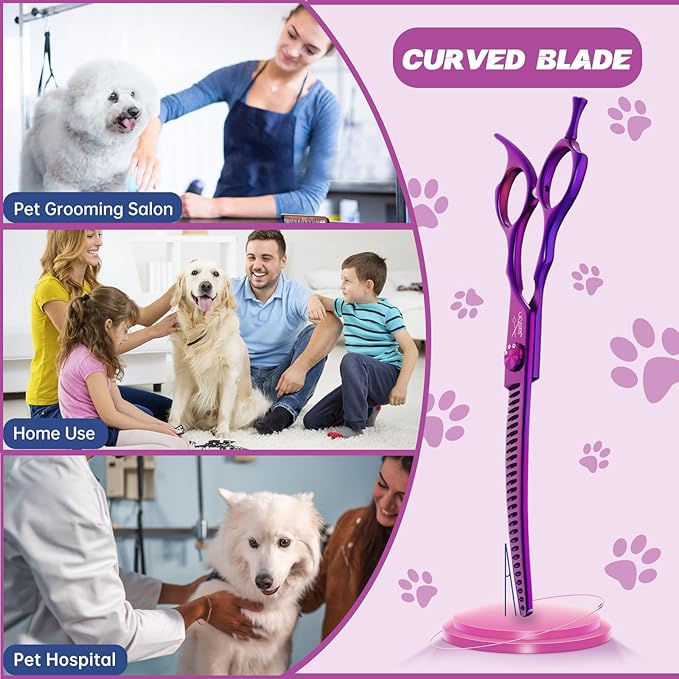 JASON 7" Curved Chunker Dog Scissors - Ergonomic Pet Scissors Purple Curved Dog Shears 440C Stainless Steel Grooming Shears Professional Pet Shears for Groomer (28-Teeth, Down-Curved)