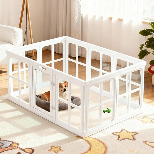 Acrylic Dog Playpen Indoor, 24" H Plastic Pet Playpen with Door, Clear Pet Play Pen for Puppy Cat Rabbit Ferret, Easy Assemble Dog Pen, Preferable for Small Cage, White 10 PCS