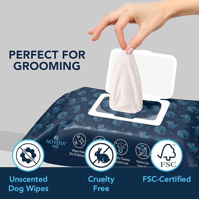 NOVEHA 120PCs Dog Wipes - Odor Eliminating and Cleaning Grooming Wipes for Dog's Paws, Body, and Butt - Perfect for Puppy and Adult Dogs - Plant-Based, Safe, Convenient & Large Unscented Wipes
