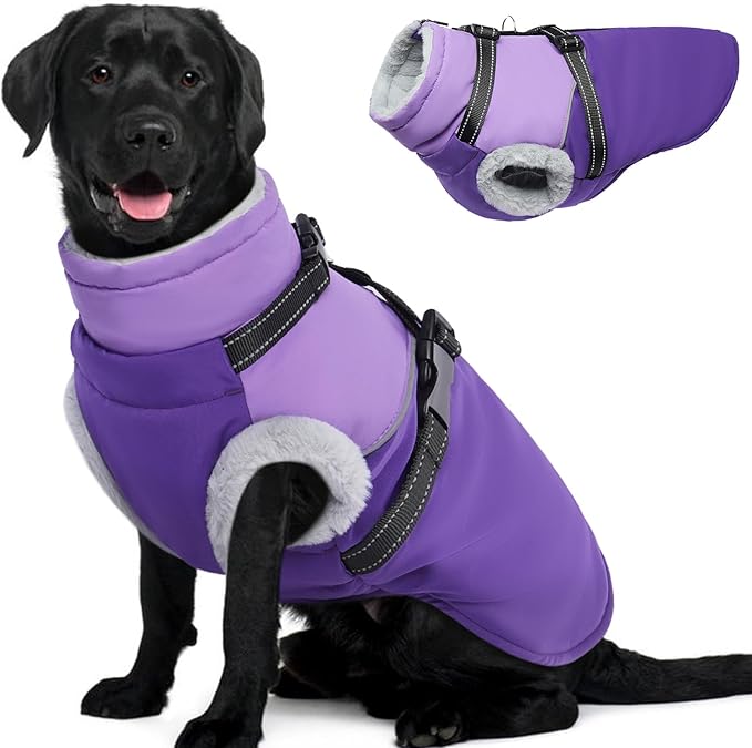 Dog Jacket with Harness, Warm & Waterproof, Fleece Lined Puffer Jacket for Large Dogs, Snow Coat