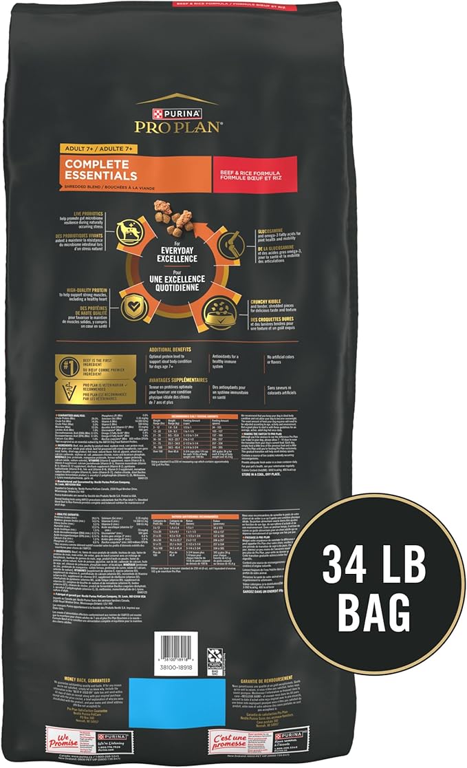 Purina Pro Plan Adult 7 Plus Complete Essentials Shredded Blend Beef and Rice Formula High Protein Dog Food for Senior Dogs - 34 lb. Bag