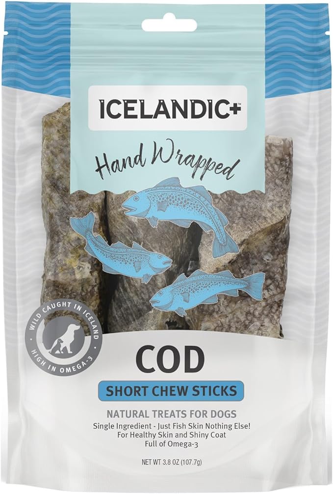 Icelandic+ Cod Skin 5" Short Hand Wrapped Dog Chew Stick, 3-Pack, 2.8-oz Bag
