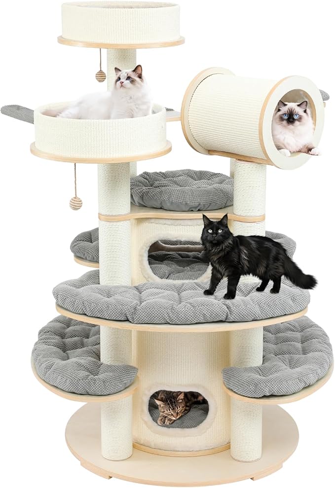 67'' Large Cat Tree,Castle Theme Multi-Levels Wood Cat Tower with Sisal Bed,Big Perchs with Removable Mats,Heavy Duty Modern Cat Condo for Indoor Cats Large Adult