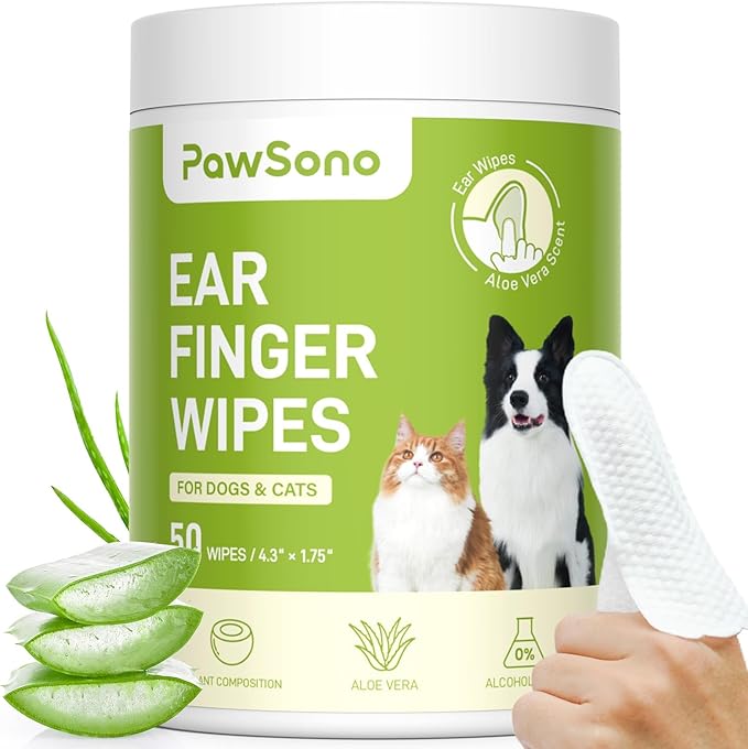 Ear Finger Wipes for Dogs & Cats, Thicker Dog Ear Cat Ear Cleaner Wipes, Natural Relief Cat Ear Cleaner Dog, Pet Health Supplies for Dog Kitten Small Animal, Aloe Scent Deodorizing - 50 Count